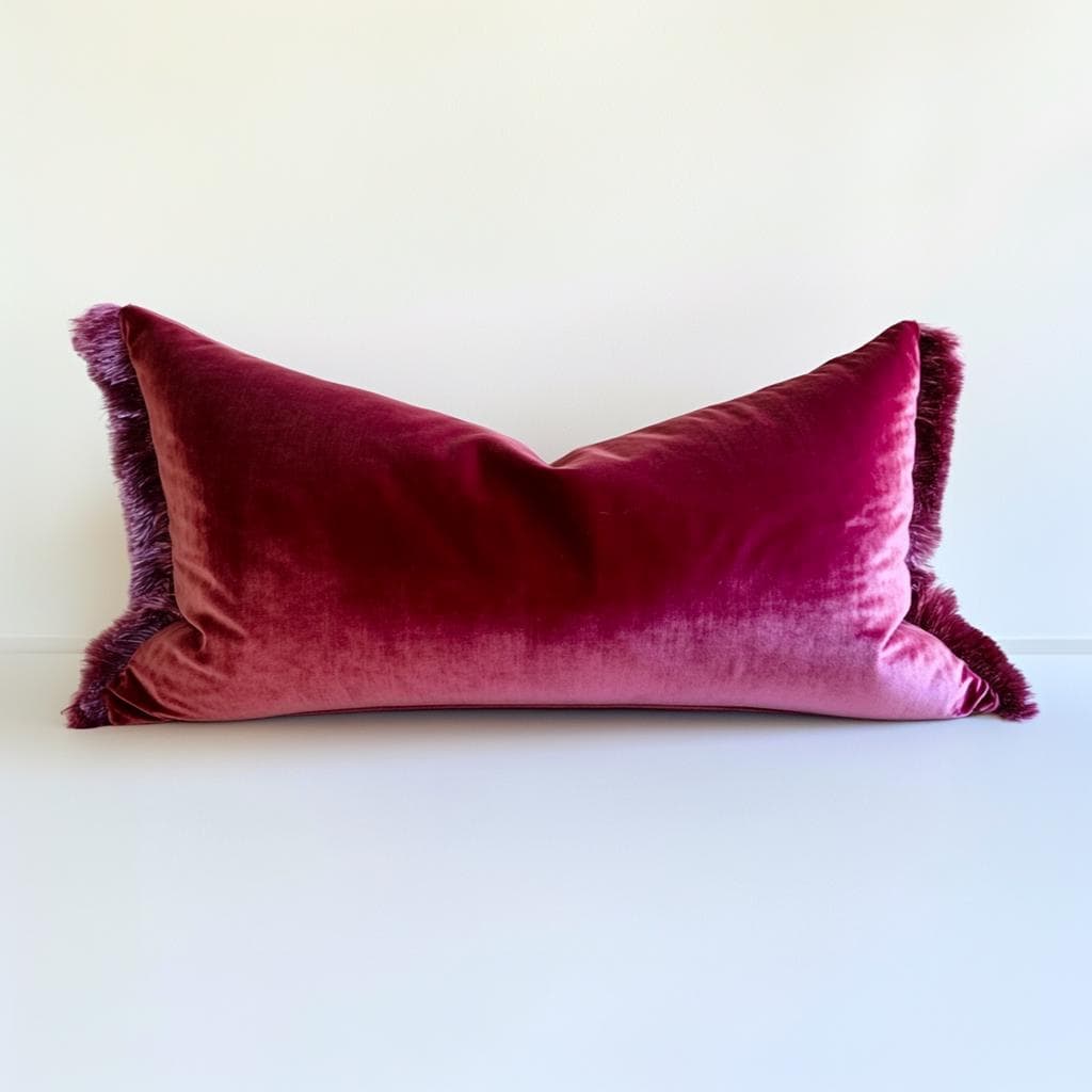 Fuchsia Velvet Lumbar Pillow | Decorative Fringe Trim Pink Throw | Luxe Cushion with Down Insert | Handmade Modern Glam Pillow Accent - Image 1