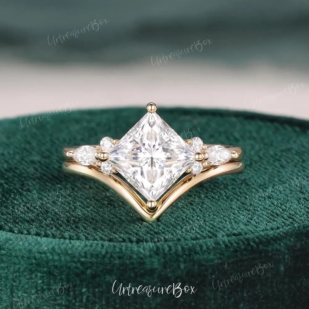 Unique Princess Cut Moissanite Engagement Ring Set 14K Yellow Gold Vintage Bridal Set Minimalist Wedding Ring Set Anniversary Ring Promise - Image 1