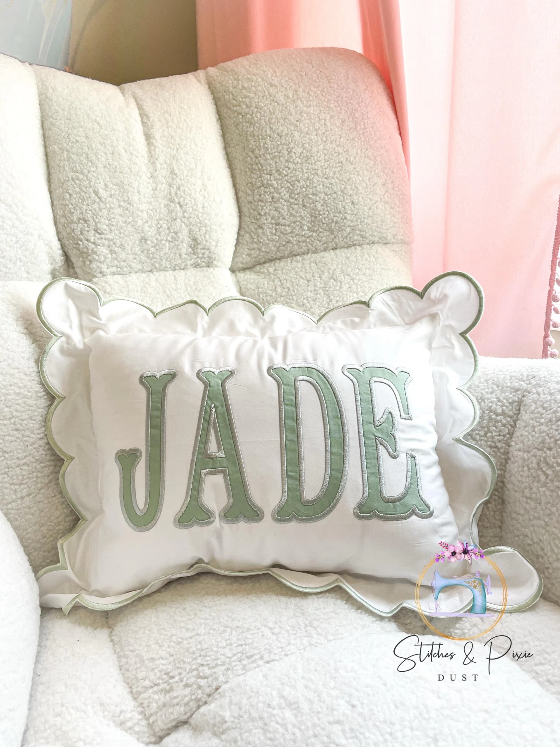 Scallop Pillow Sham/Monogram Nursery Pillow/Personalized Baby Gift/Bow Pillow/College Monogram Pillow/Decorative Throw/Monogram Pillow Sham - Image 1