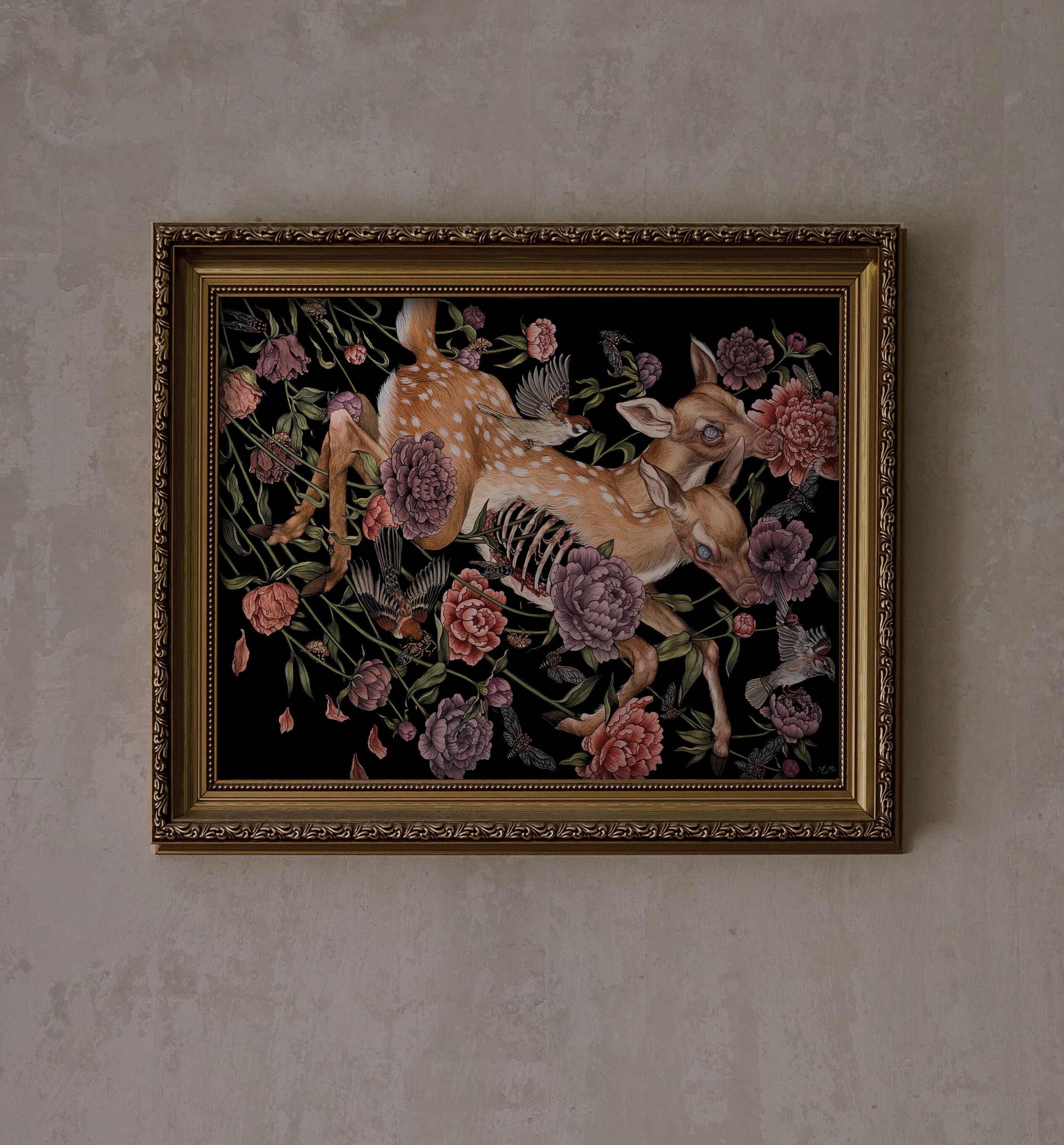 Fawn Deer with Birds and Flowers gothic botatnical art- Giclee Print from original hand-painting by Albino Jackrabbit
