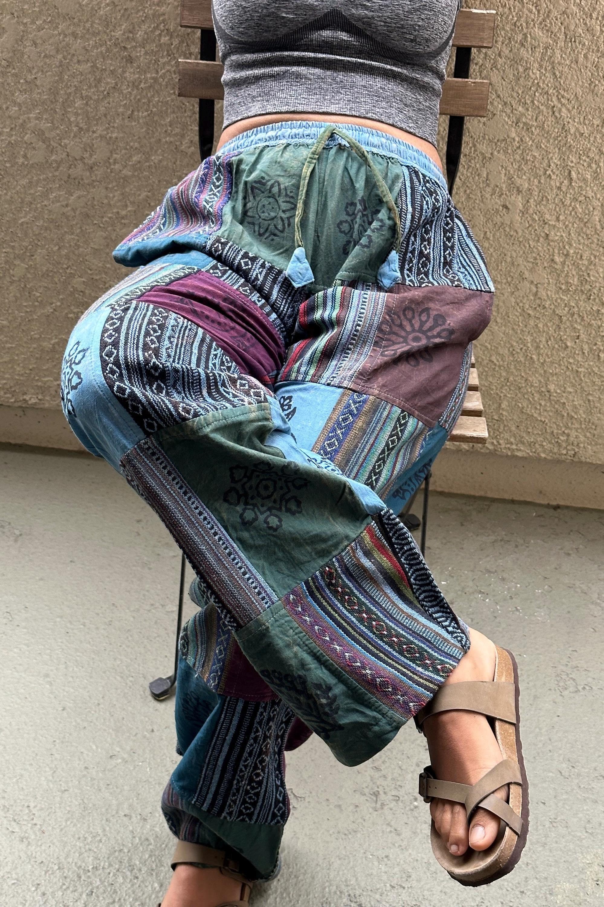 Himalayan Patchwork Hippie Pants with Pockets and Elastic Waist