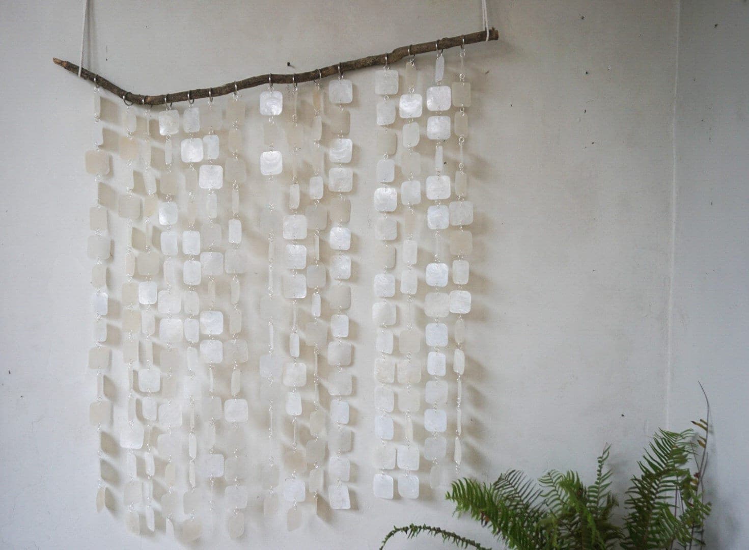 Square White capiz shell wall hanging | Beach house white shell wall hanging | Christmas boho wall hanging | Fall bohemian shell decor - Image 1