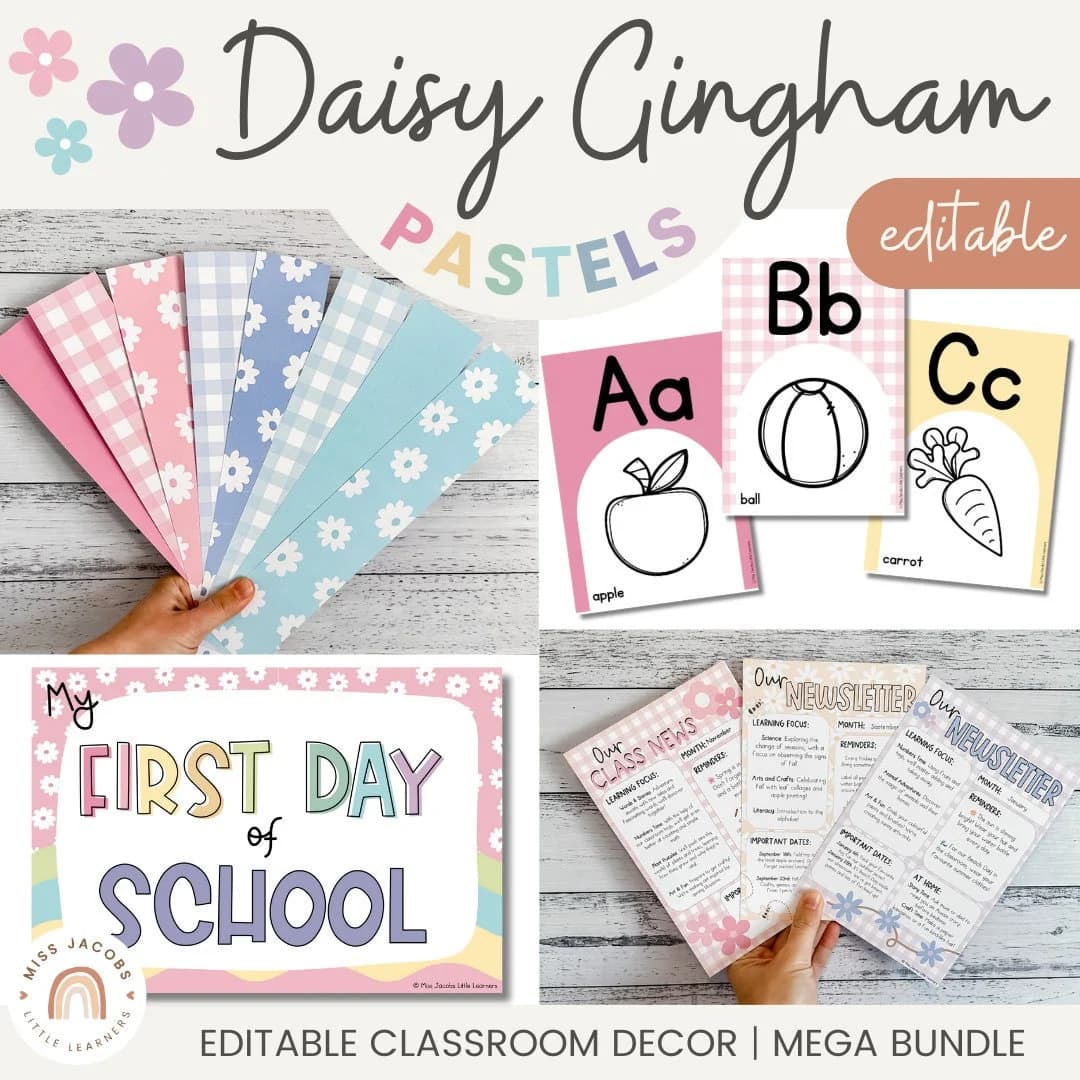 Daisy Gingham Pastels Classroom Decor Bundle | Muted Rainbow Theme | Editable - Image 1