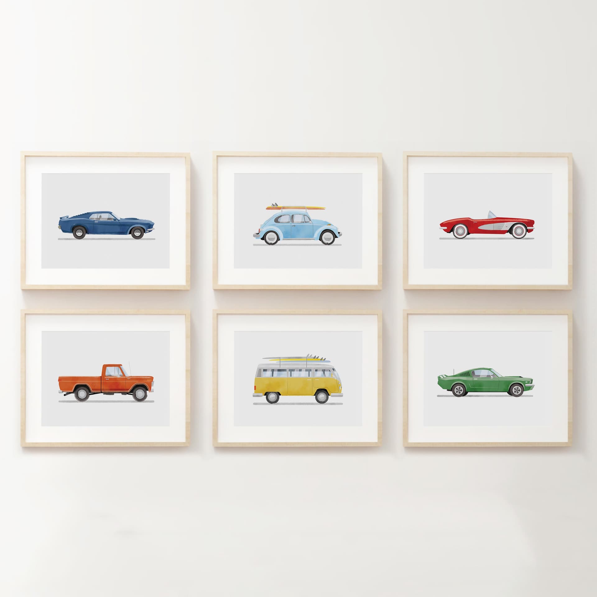 Set of 6 Vintage Vehicle Prints, Boys Room Decor, Retro Car Prints For Boys Room, Kids Room Wall Art, Transportation Watercolor Art - Image 1