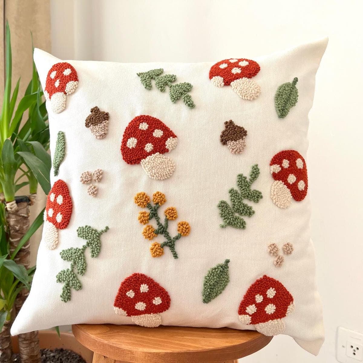 Punch Needle Tufted Mushroom  Pillow Cover, Handmade Home Decoration, Autumn Fall Mushroom Home Decor, Home Decor Gift
