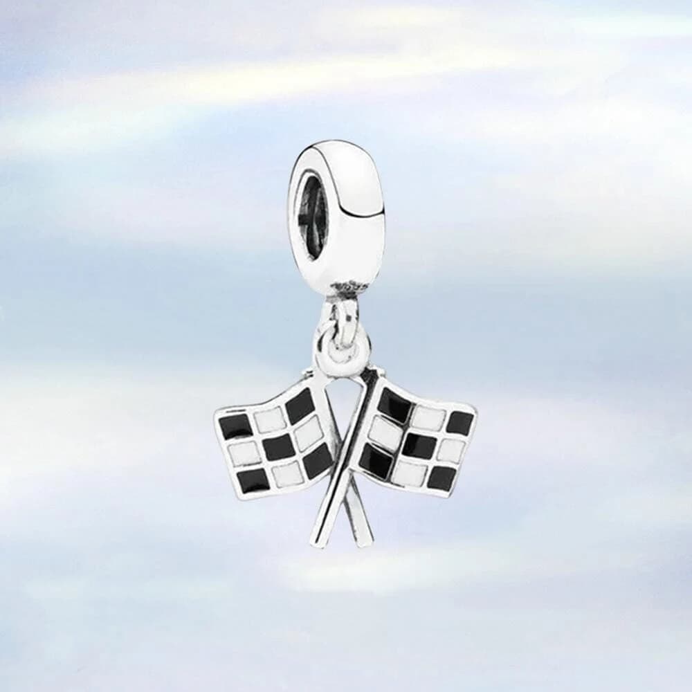 Racing Finish Line Checkered Flag Dangle Charm • Fit on Pandora Bracelet • 925 Sterling Silver Charm for Bracelet • Necklace Pendant - Image 1
