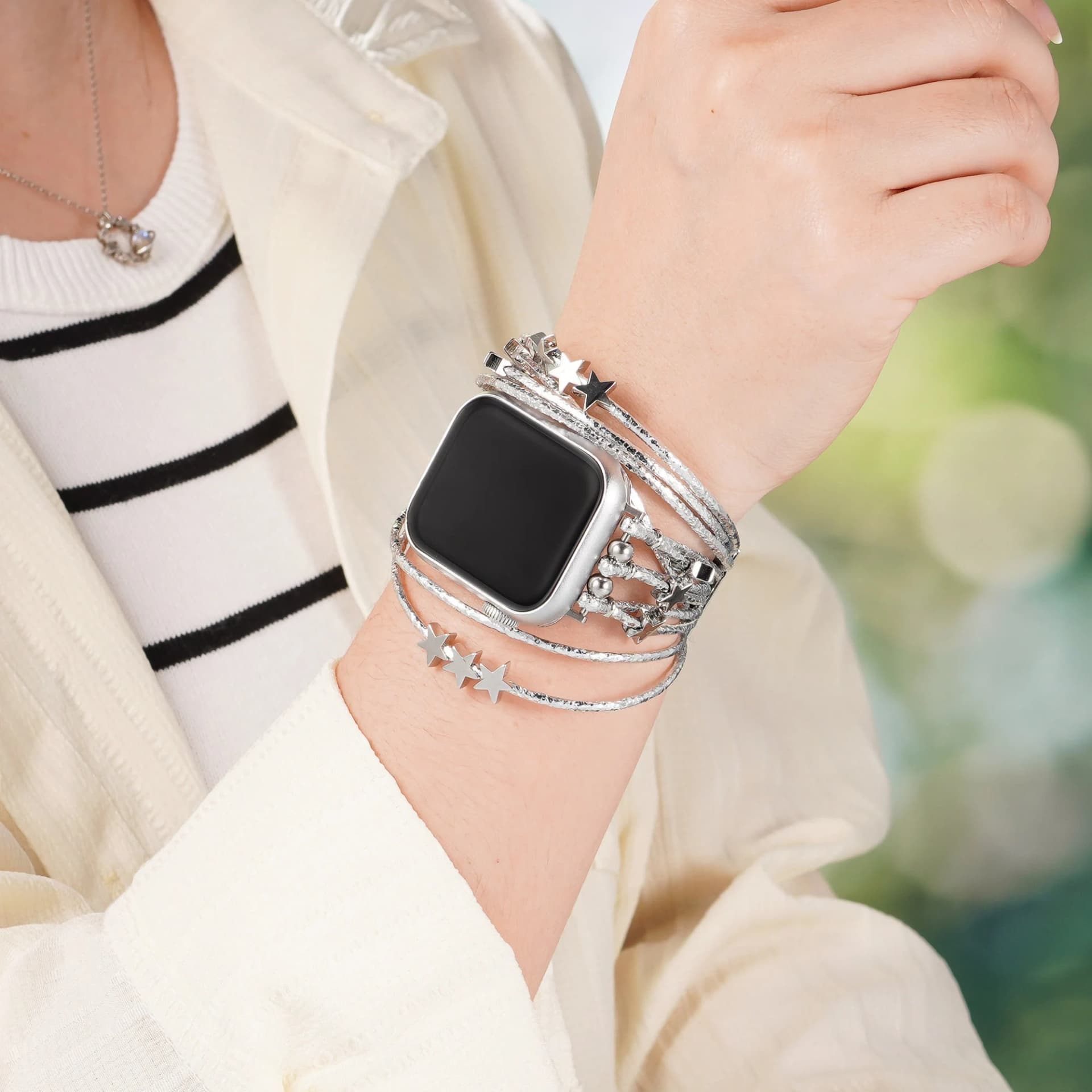 Boho Leather Bracelet Apple Watch Band, Watch Strap with Star, Women Leather Multilayer Wrap Strap for iWatch Series 1-10 SE, 38-42mm42-49mm - Image 1