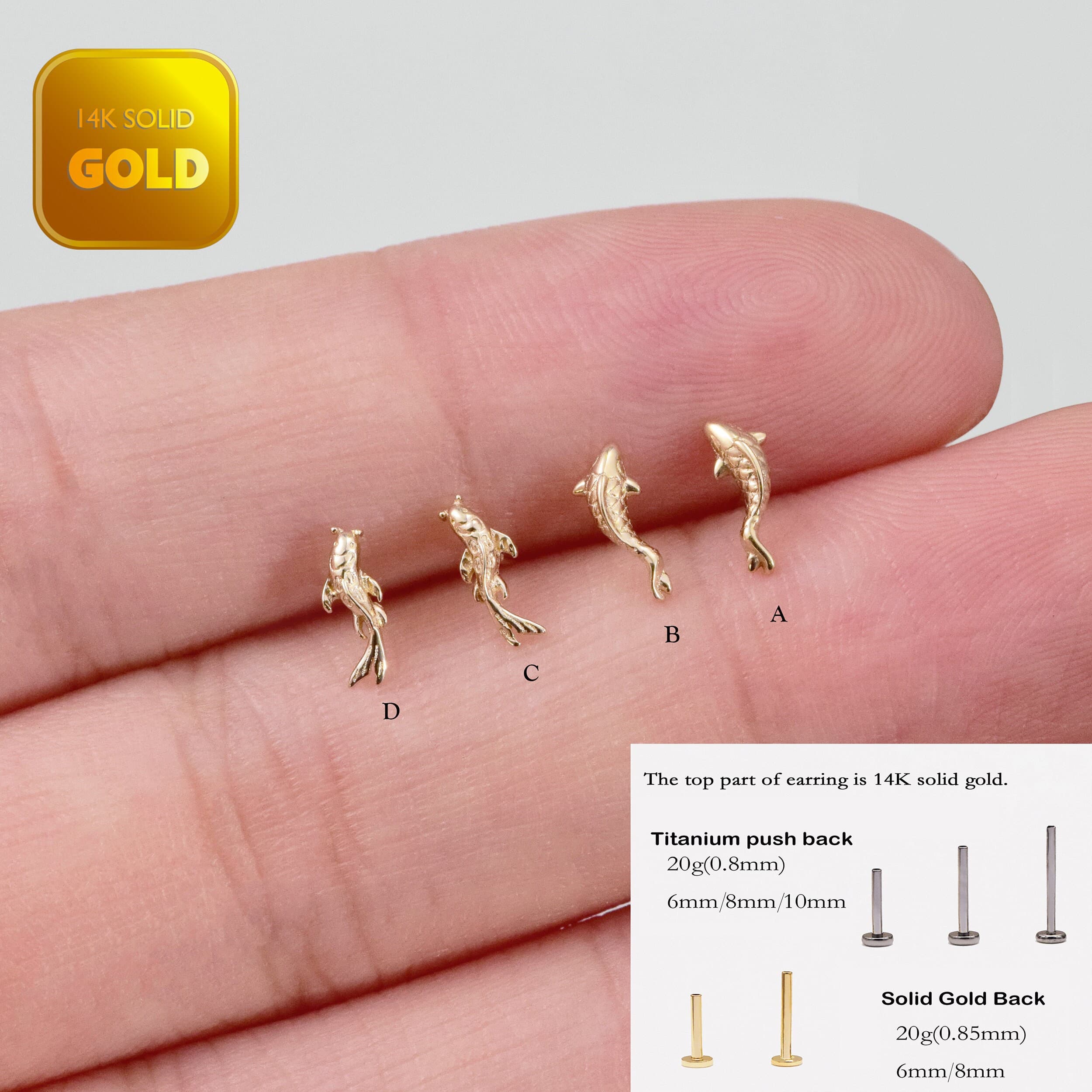 14k Solid Gold Koi Fish Cartilage Earring Tiny Tragus Stud Helix Conch piercing cute stud earring minimalist earrings flat back earring 20g