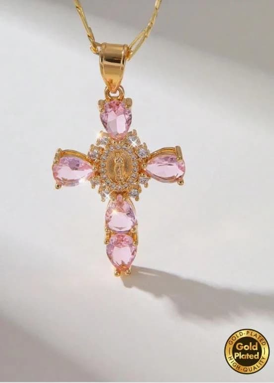 NECKLACE-Oval Virgin Mary Cubic Zirconia Cross Pendant Necklace, 14K Gold Plated, Copper with Large Link Chain in 3 Colors - Image 1