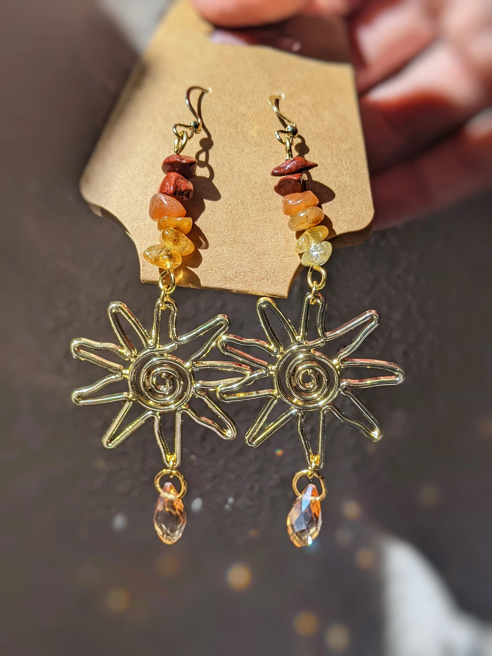 Sun Goddess Gold Dangle Earrings Citrine Quartz Jewelry Agate Earrings Boho Accessories Hippie Jewelry Gold Summer Earrings Celestial Sun - Image 1