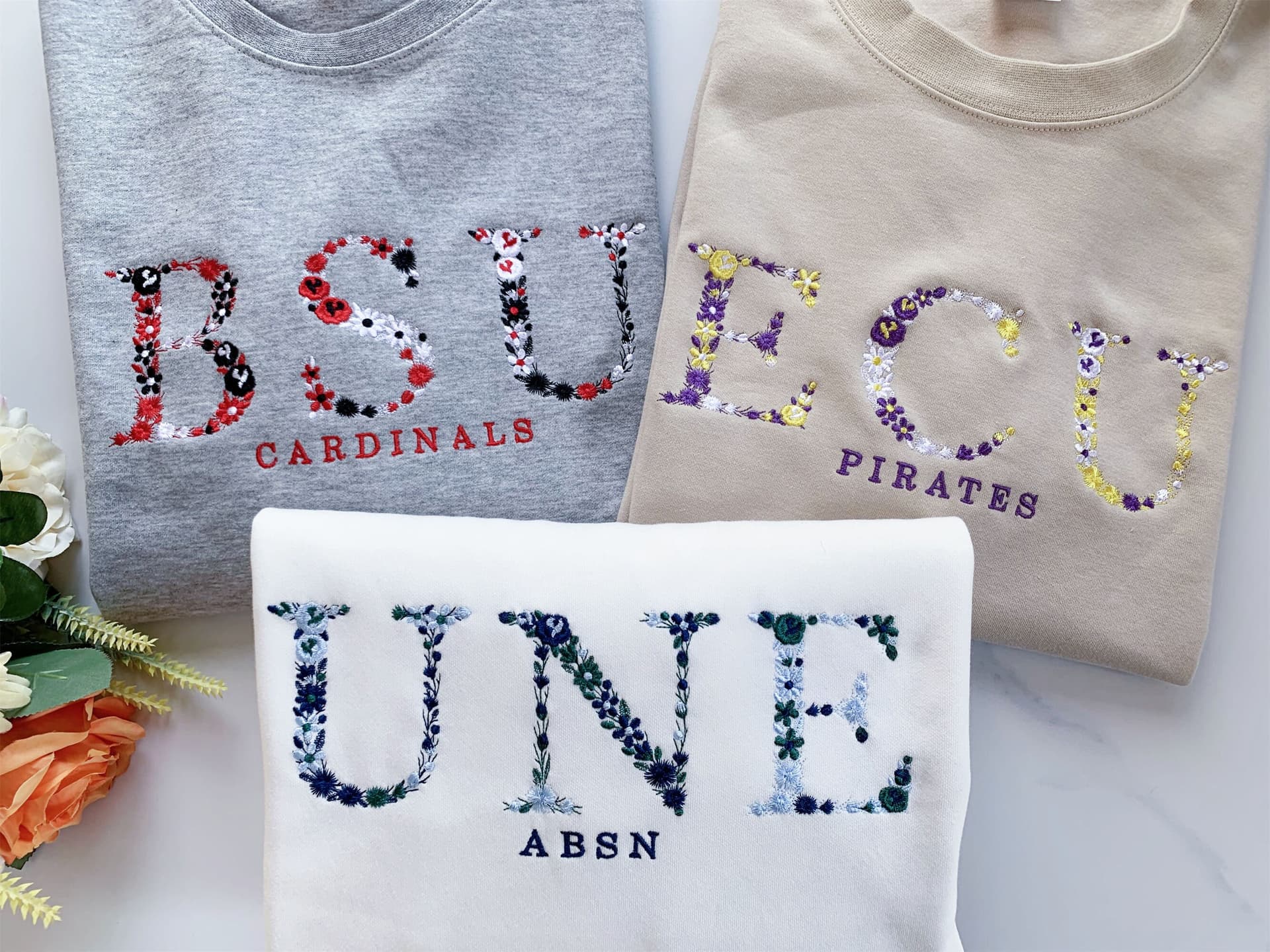 Embroidered Floral Letter University Sweatshirt, Flower Letter College Crewneck, Embroidery Sweatshirt Hoodie, high school sweatshirt Gift - Image 1
