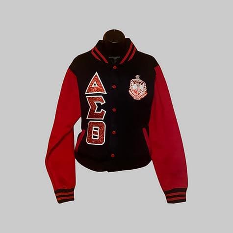 Delta Sigma Theta Varsity Glitter Jacket - Red - Image 1