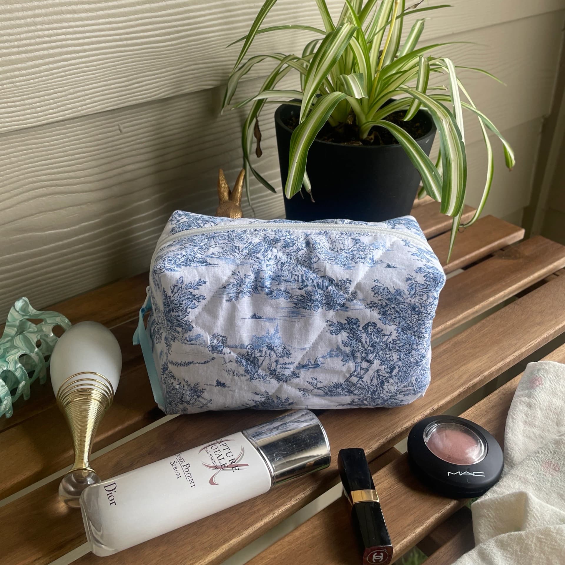 Quilted Toile de jouy fabric makeup pouch / handmade makeup bag - Image 1