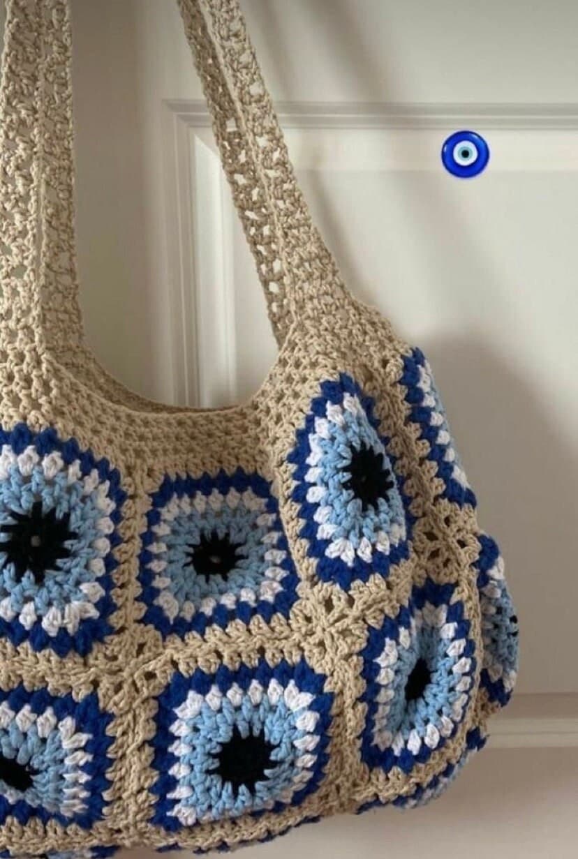 Evil eye, handmade crochet tote bag