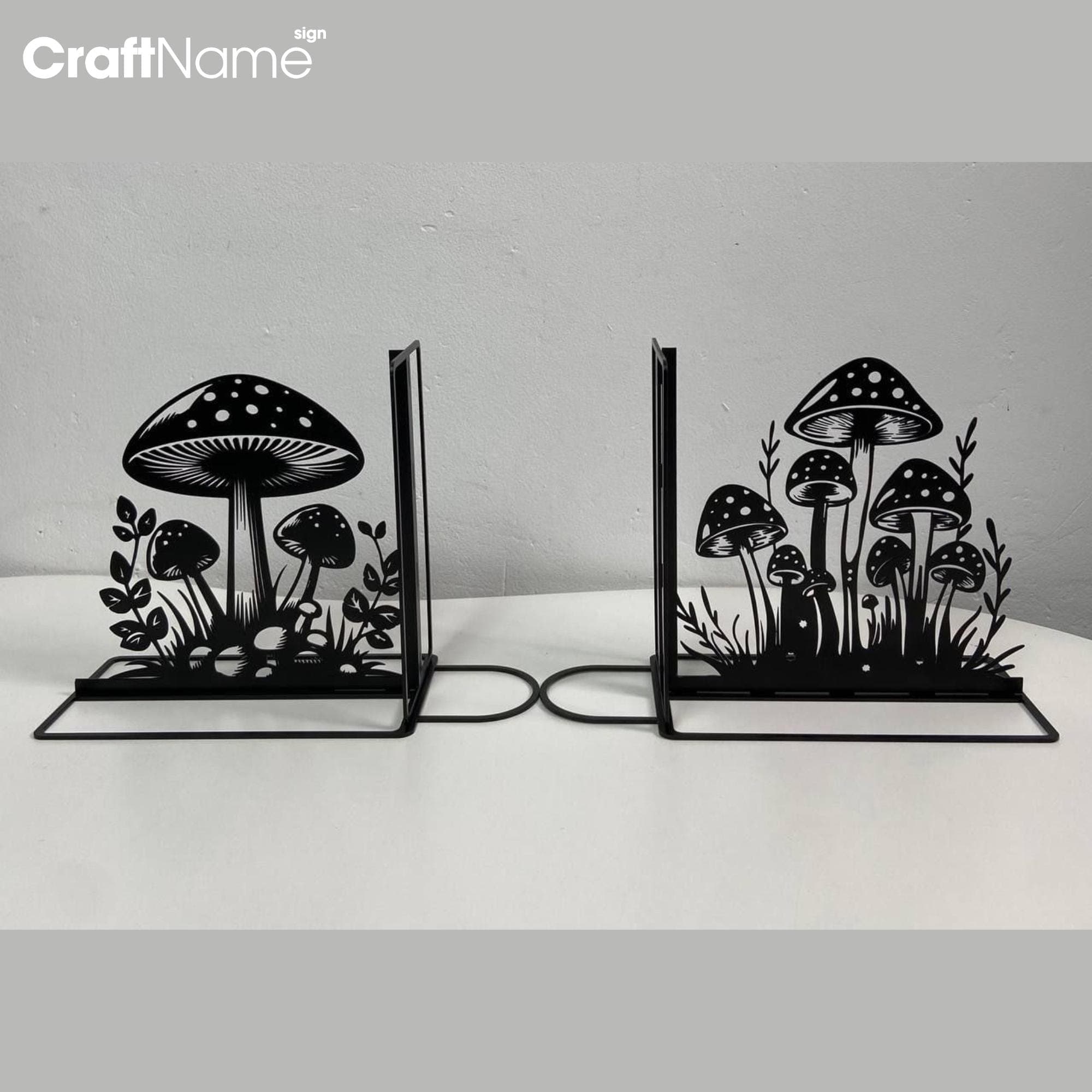 Custom Mushroom Garden Bookend Sign, Personalized Mushroom Book Ends, Book Stand Black Metal Art, Book Nook Office Decor for Book Lover - Image 1