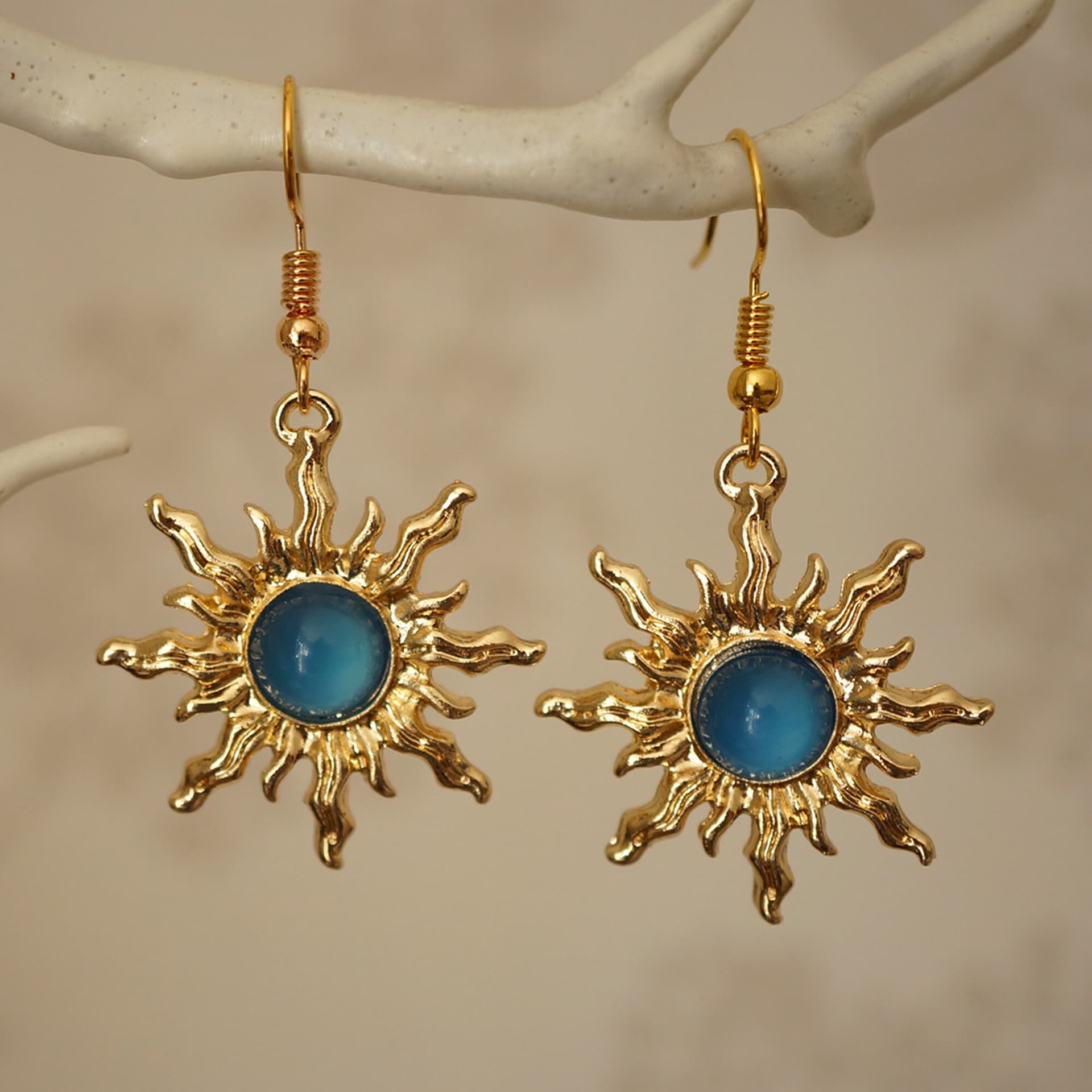 Blue Sun Earrings, Cool quirky gold and blue acrylic sun drop earrings for women - Image 1