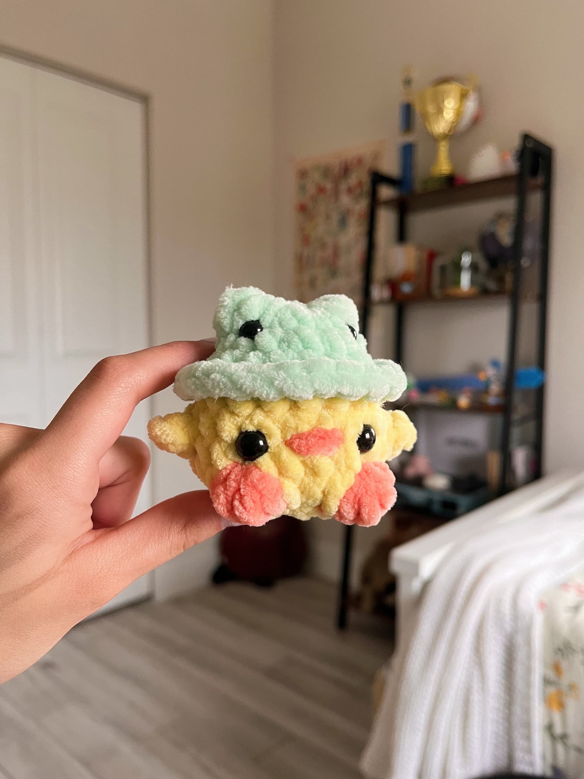 Baby duck with frog hat plush | crochet mini duck plushie | frog hat | stuffed animal | handmade perfect for gift | fluffy yarn - Image 1