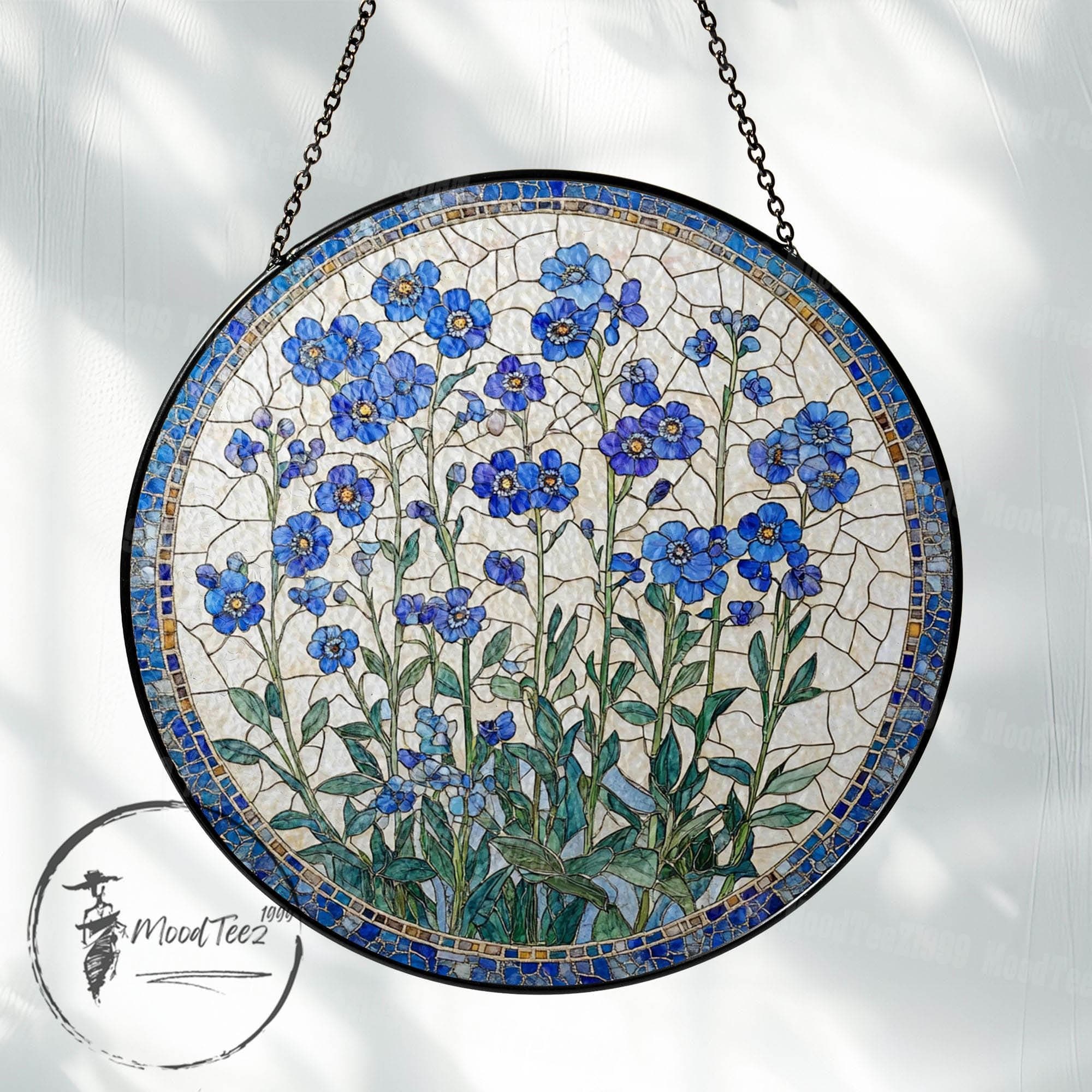 Forget-Me-Not Stained Glass Suncatcher, Window Hanging Decor, Handmade Floral Sun Catcher, Nature Inspired Art, Botanical Glass Ornament
