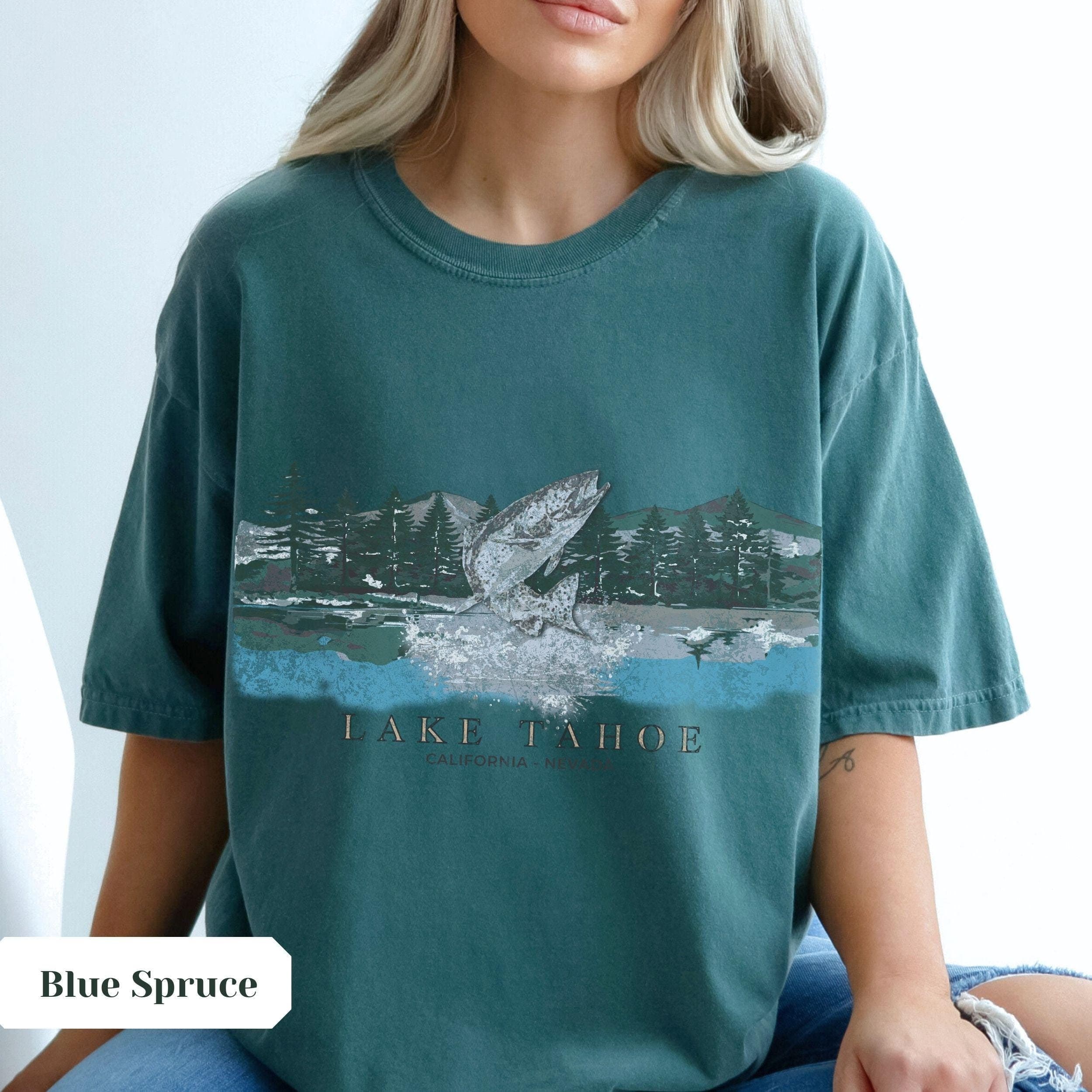 Vintage Lake Tahoe Fish Tee, Comfort Colors® Tshirt, Oversized Lake Shirt, Vacation Aesthetic, Outdoor Lover Gift, Distressed Graphic Tee - Image 1