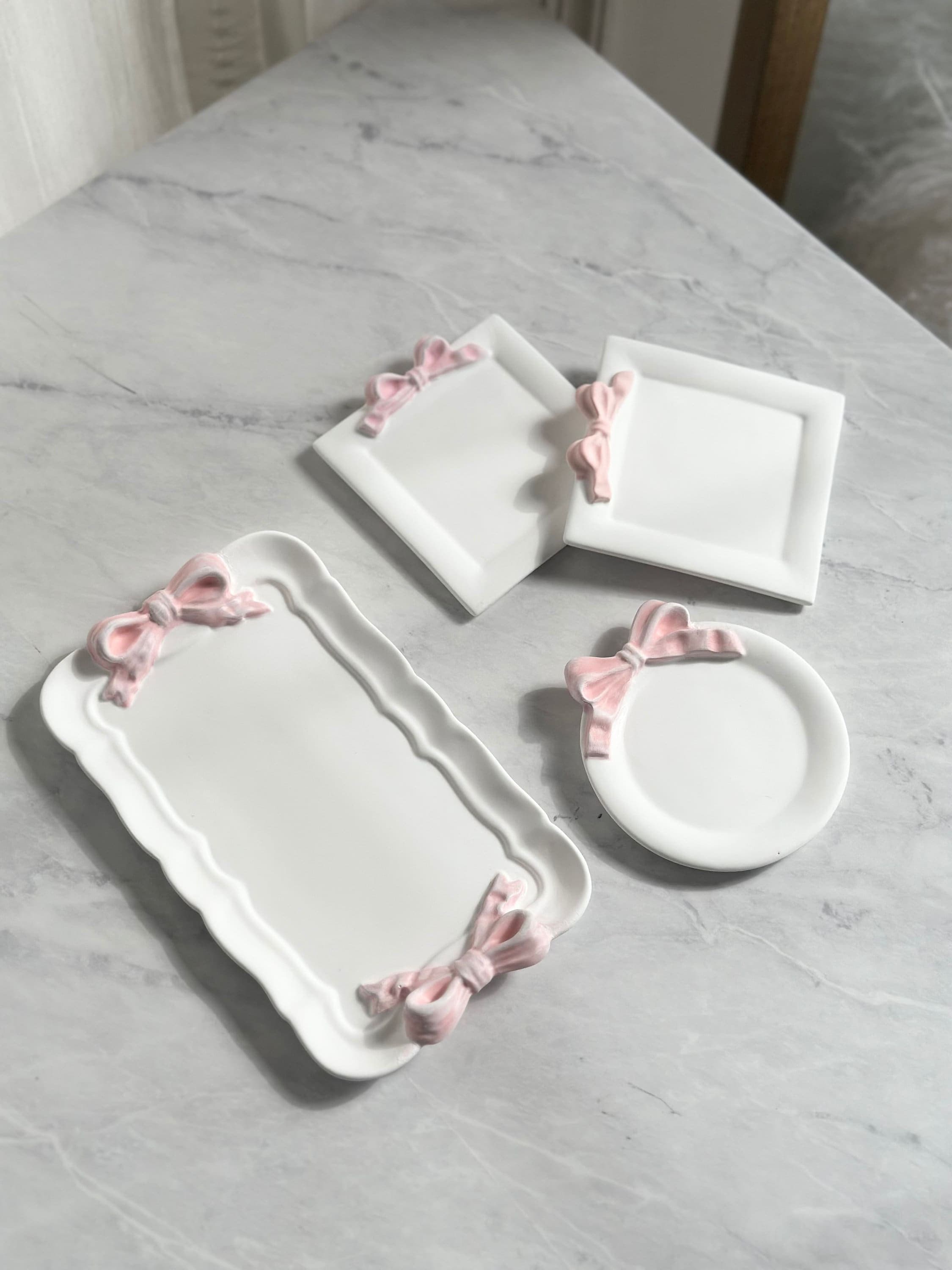 Pink Bow Tray, Jewelry Dish, Bow Ring Holder, Trinket Dishes, Bow Decor, Pink home Decor, Gift for Her, Coquette, Marble-Textured