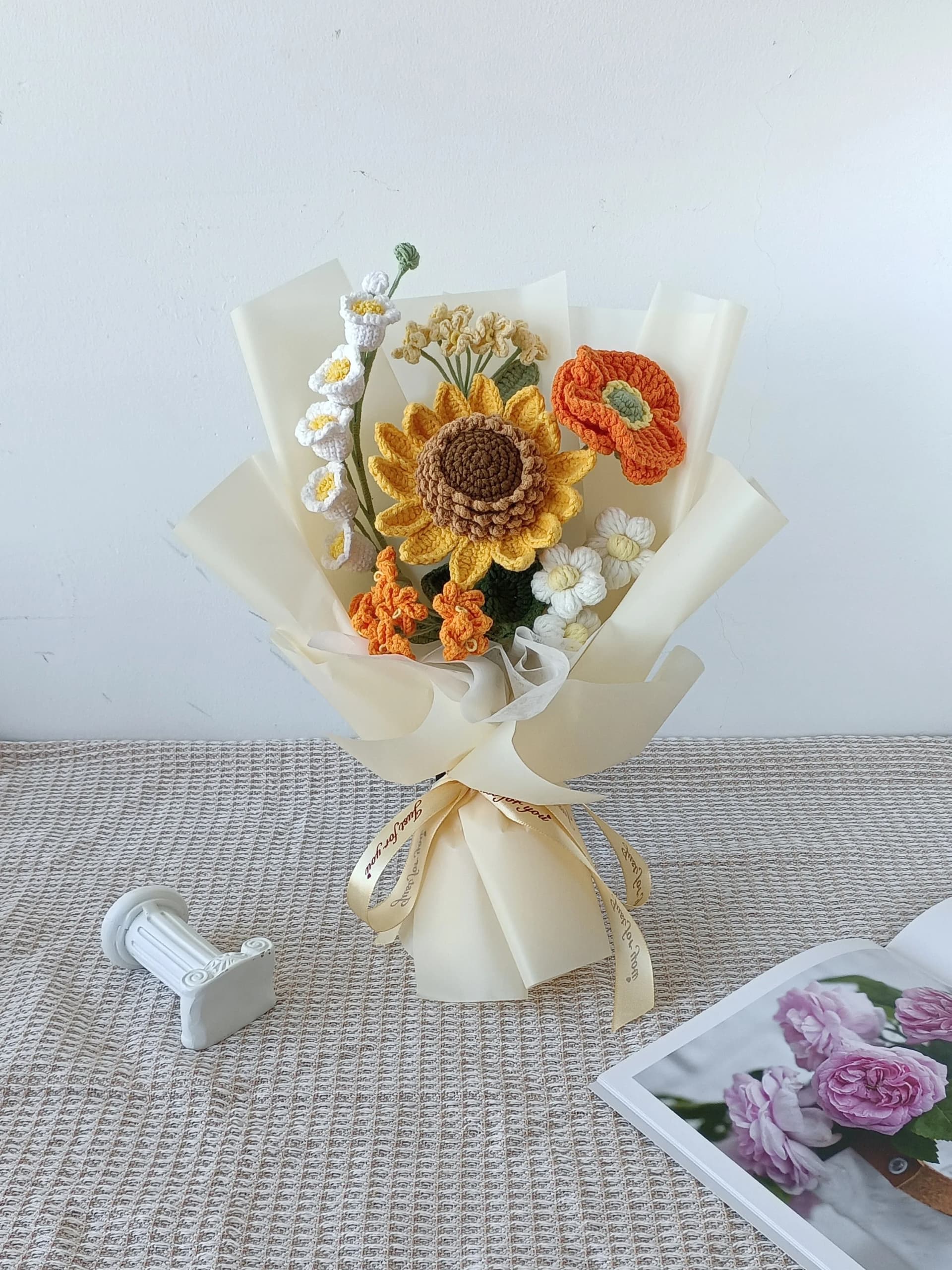 Summer, Crochet flowers bouquet, Sunflower, Rose, Daisy, yellow, everlasting, Crochet Graduation Doll, Birthday, Friend, Girlfriend - Image 1