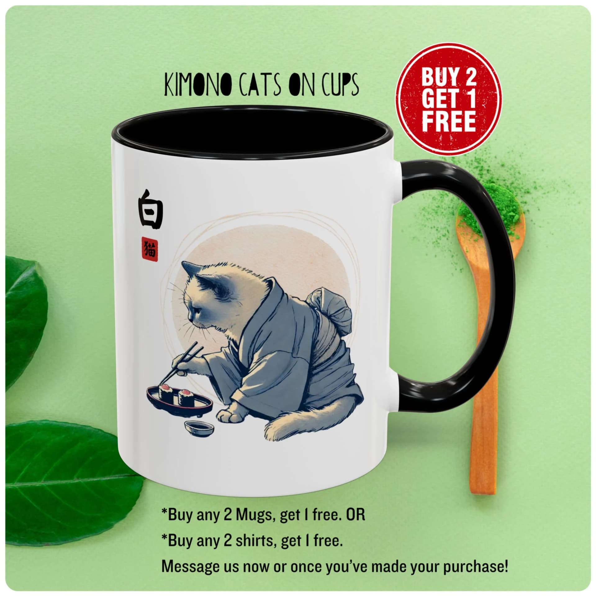Japanese White Cat Mug - Kimono Cat Eating Sushi Neko Japan Cup, Kawaii Elegance, 11, 15oz - Buy 2 get 1 FREE - Image 1