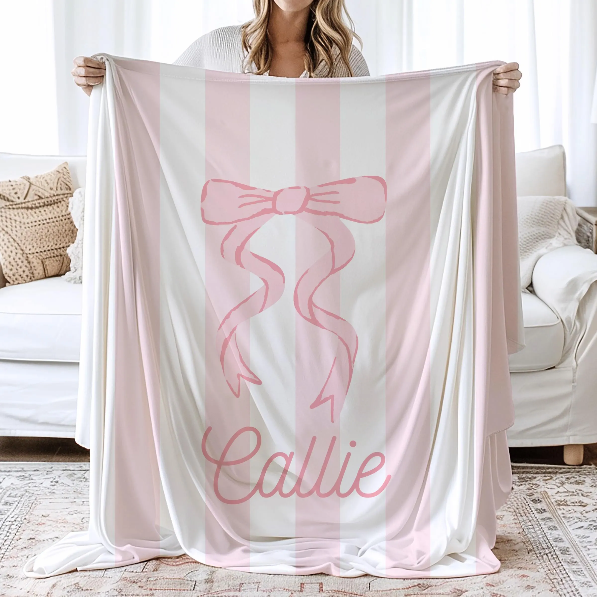 Personalized Pink Bow Name Blanket Coquette Room Decor Preppy College Dorm Room Throw Baby Shower Gift Custom Nursery Decor Daughter Gift - Image 1