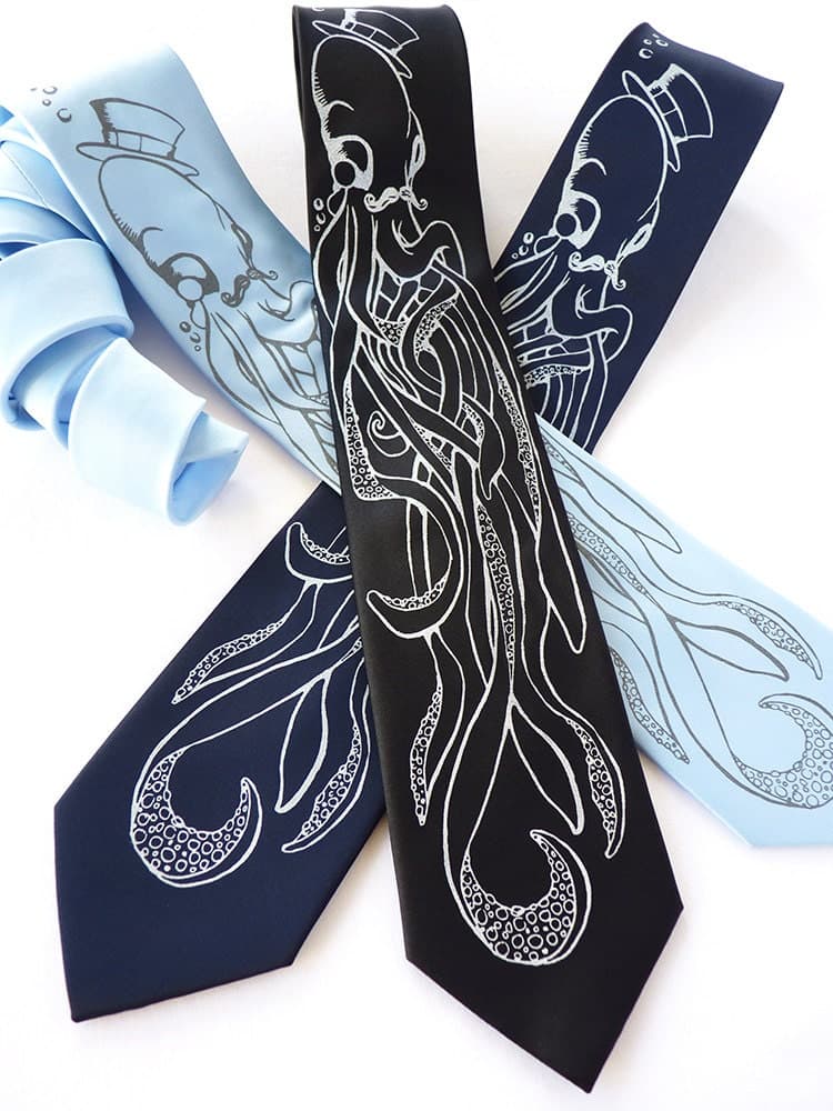 Octopus Necktie, Neckties for Men, Octopus Tie, Blue Necktie, Boyfriend Gift, Dad Gift, Octopus Gift - An Octopus & A Gentleman Tie - Image 1