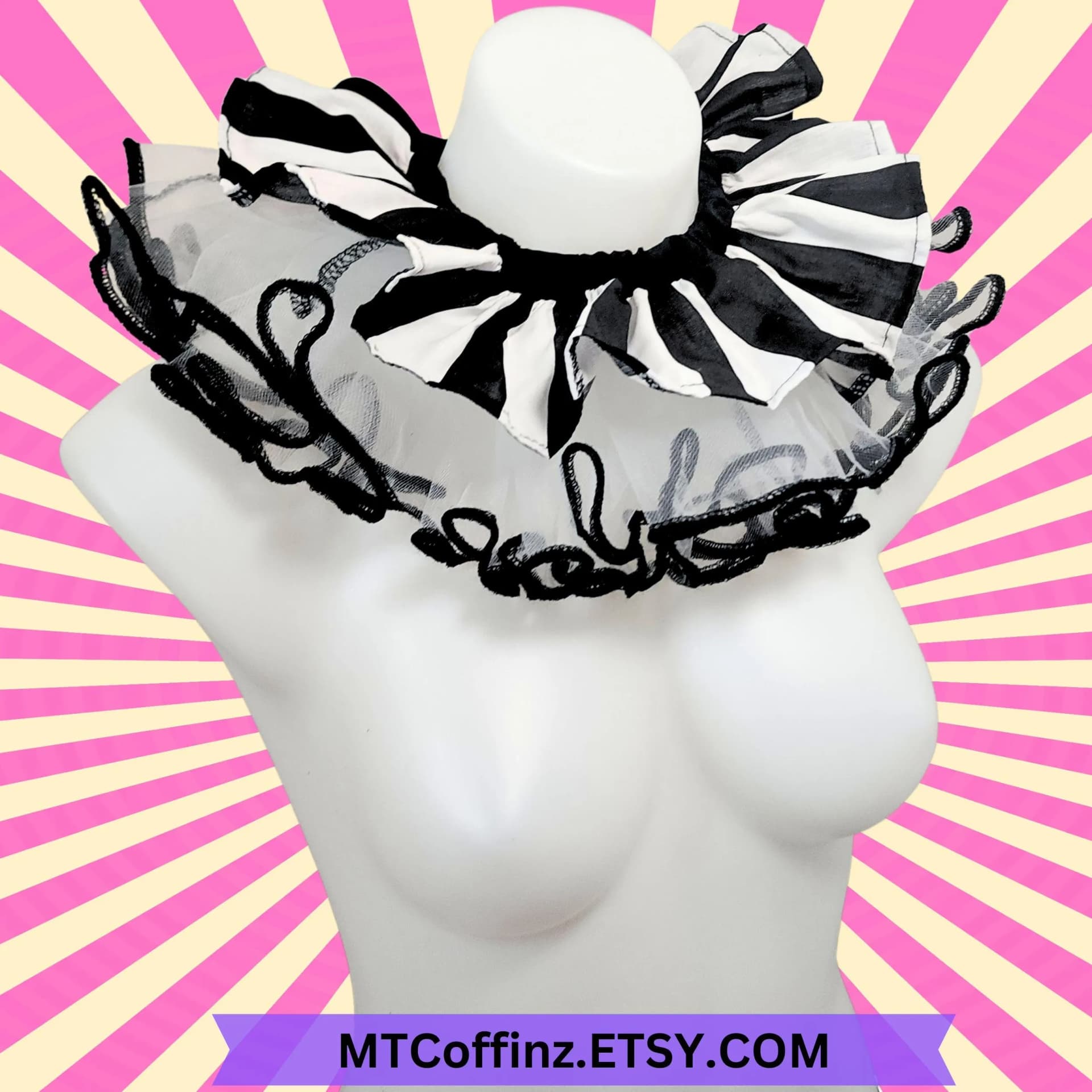 Clowncore Striped Clown Ruff Ruffled Costume Collar Pierrot Cosplay Halloween Circus Theatrical Stage wear Adult Unisex - Image 1
