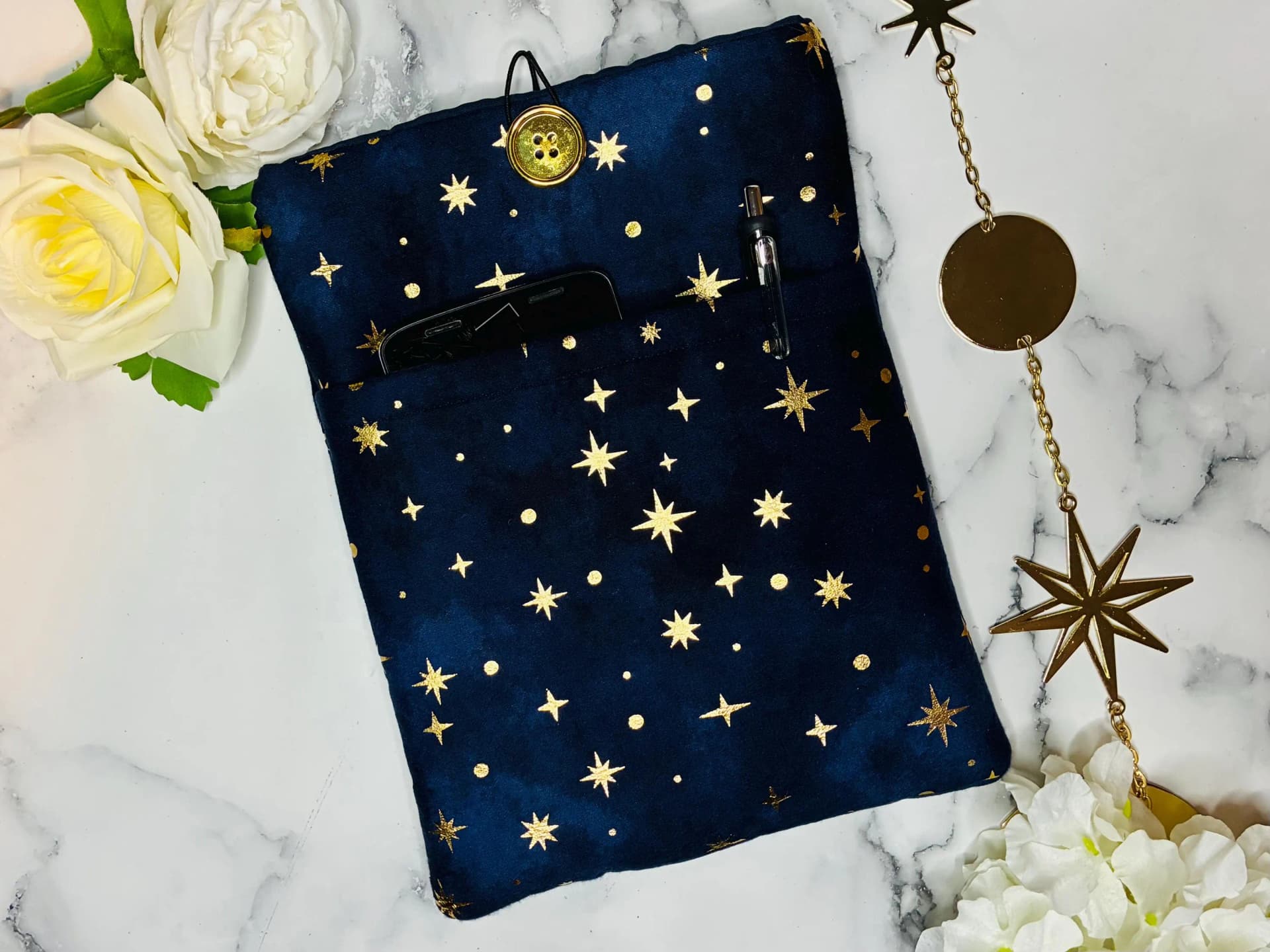 Velvety Navy & Gold Stars Book Sleeve - Image 1