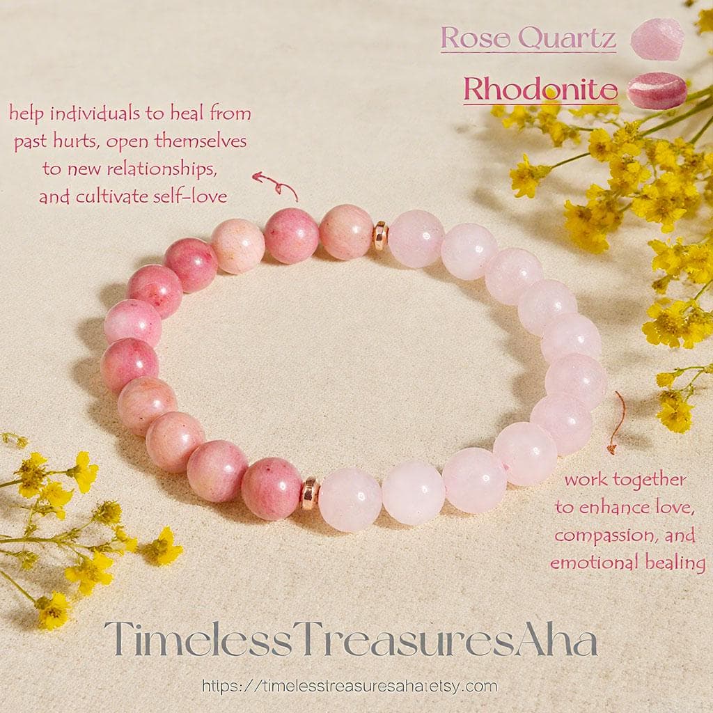 8mm Rose Quartz & Rhodonite Beaded Bracelet | Women Stretch Bracelet for Stacking | Healing Balance Inner Peace Bracelet | Stone of Love - Image 1