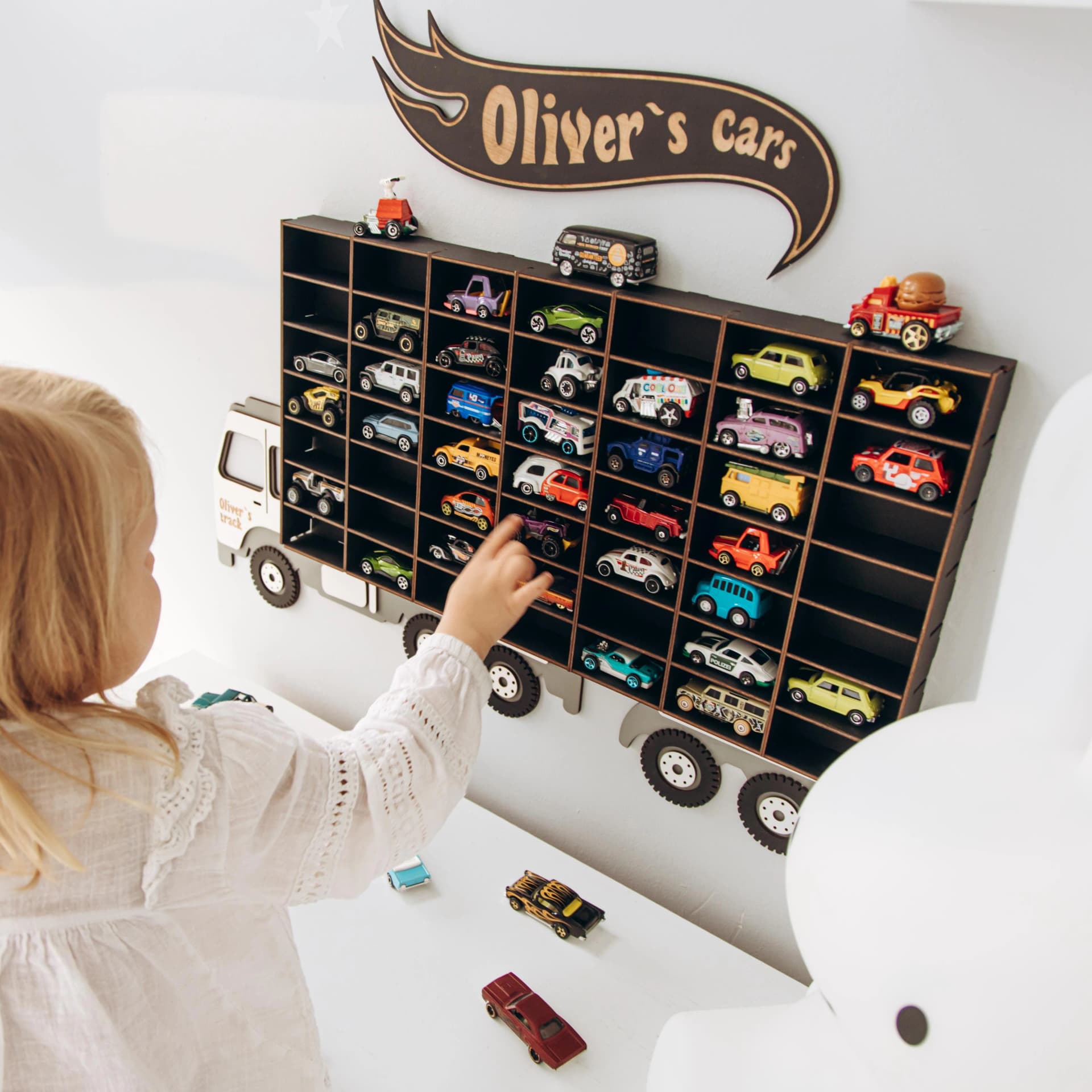Custom Truck Toy Car Display Shelf: Personalized Boys Room Decor - Image 1