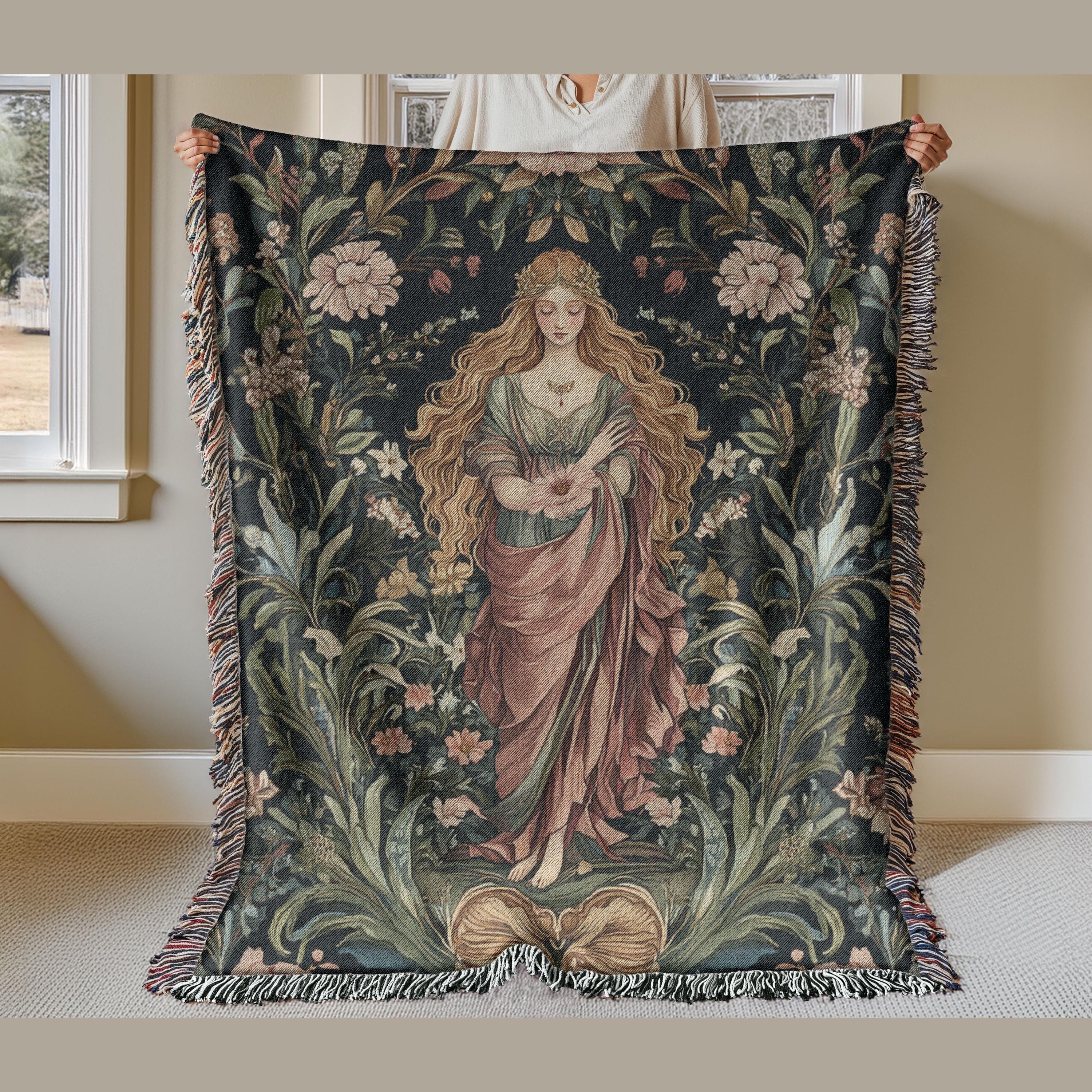 Aphrodite Floral Woven Blanket, Cottagecore Greek Goddess Tapestry, Goddess Lover, Tapestry Blanket for Mythology Lover Woven Wall Hanging