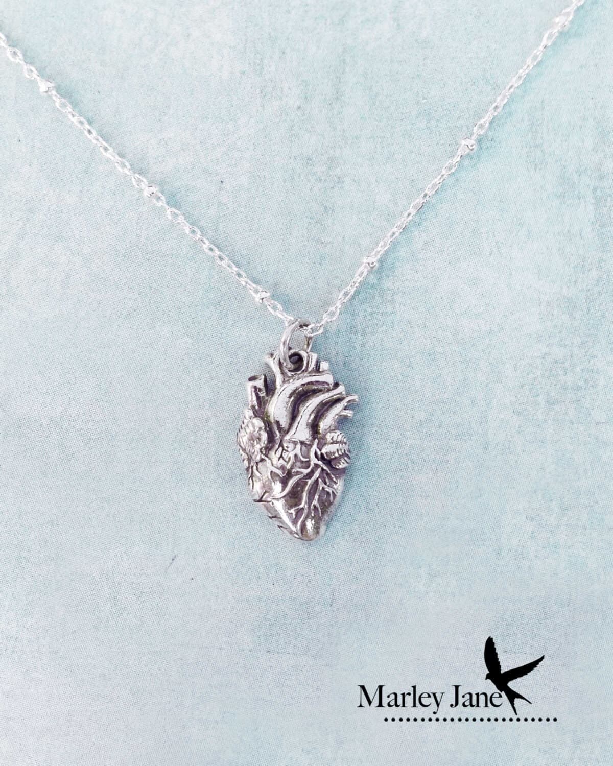 Sterling Silver Anatomical Heart Necklace or Golden Real Heart
