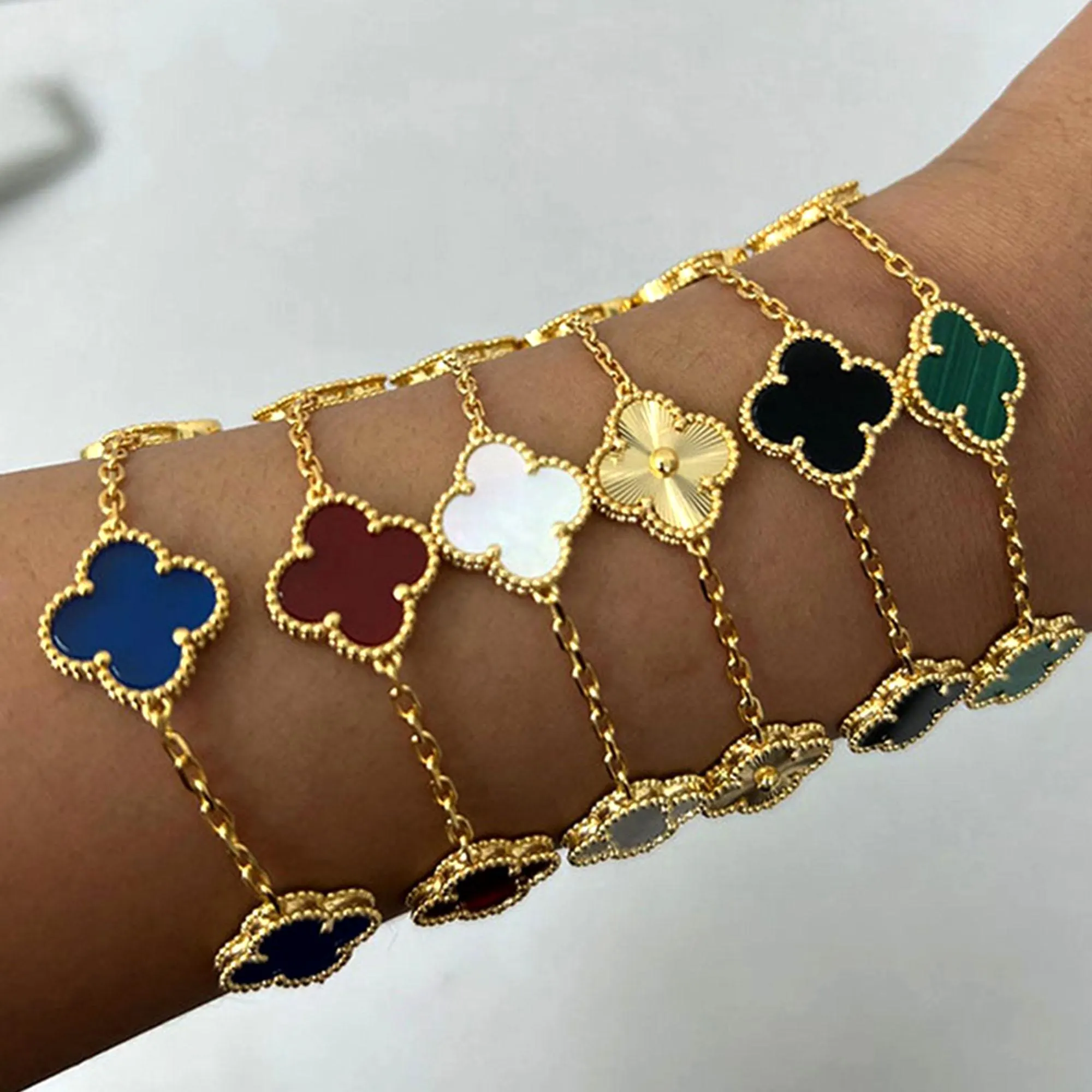 Vintage Mother-of-Pearl,Chalcedony,Agate, Malachite,15mm Clover 5 Motif Bracelet 925 Silver 18k Gold Plated Bracelet - Image 1