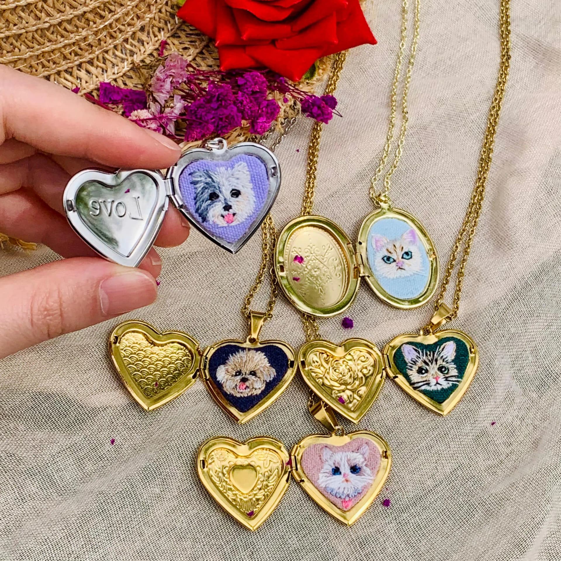 Custom embroidery portrait pet necklace,Custom jewelry for mom pet,Necklace EMBROIDERY Custom Dog Jewelry,Gift For owner pet medallion - Image 1