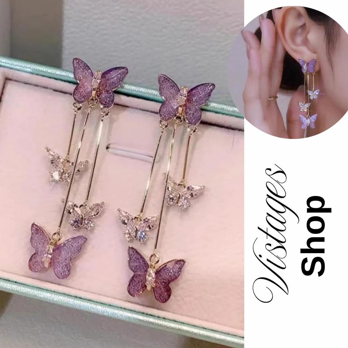 Purple Butterfly Drop Earrings with Rhinestones | Dainty Daily Earrings for Women - Image 1