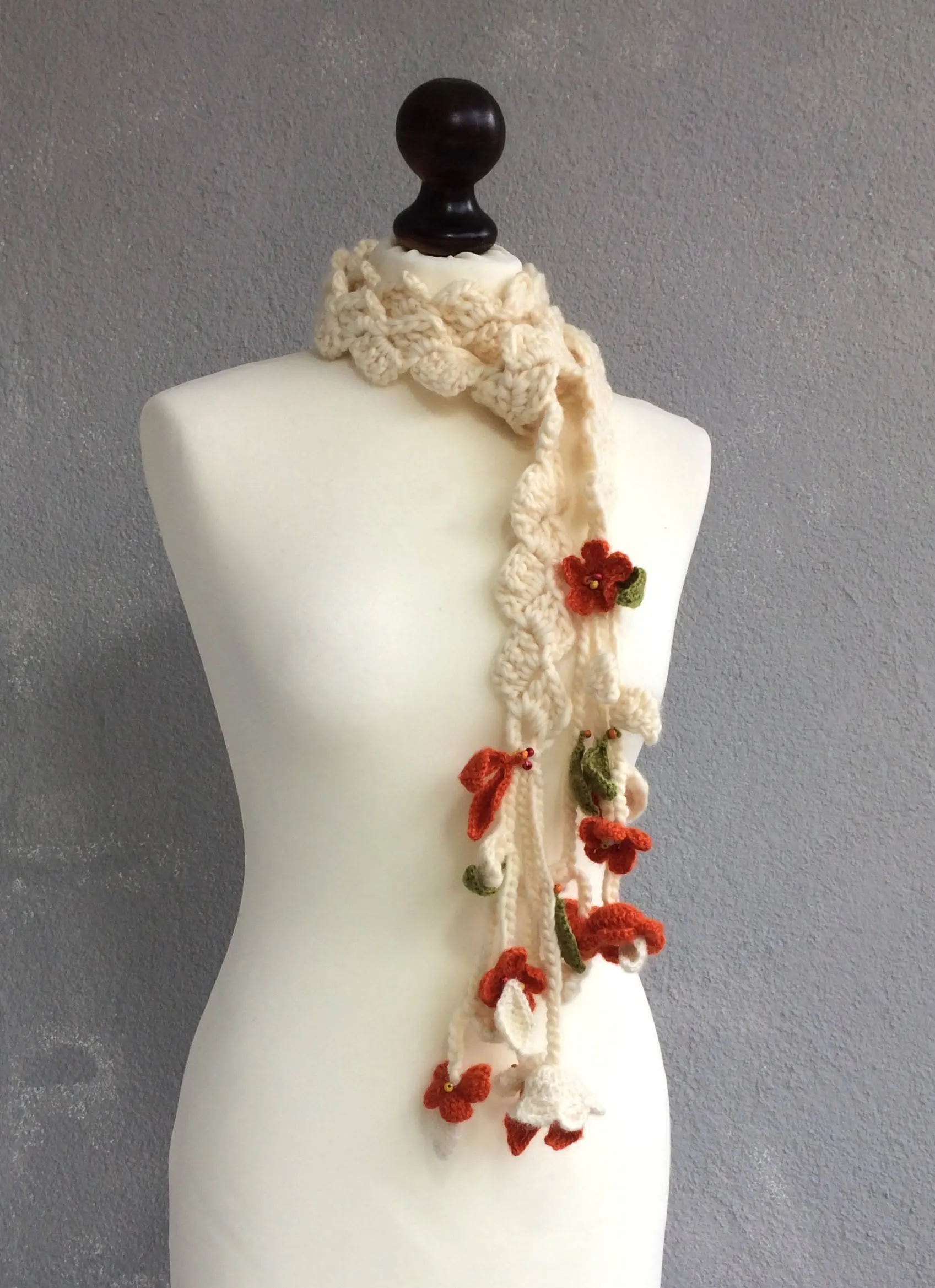 Chunky Long Crochet Flower Scarf, Boho Fringed Wrap, Ivory Skinny Scarf, Women Floral Foulard, Knit Accessory Lariat,  Women Gift - Image 1
