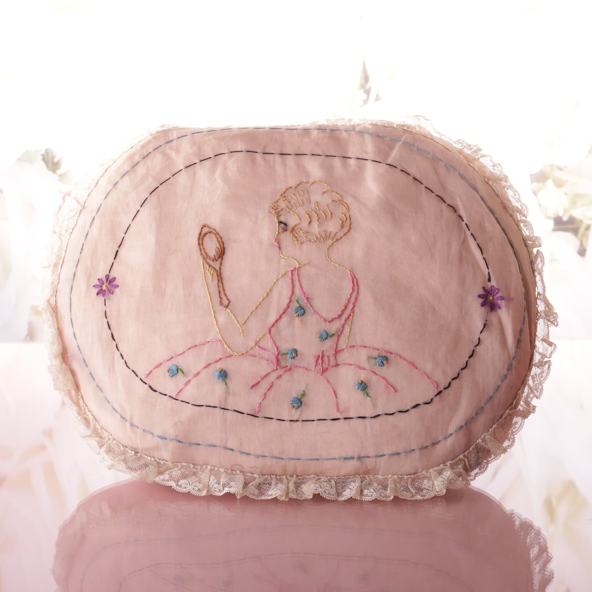 Embroidered Feather Pillow: Antique Pink Organza, Vintage Decor - Image 1