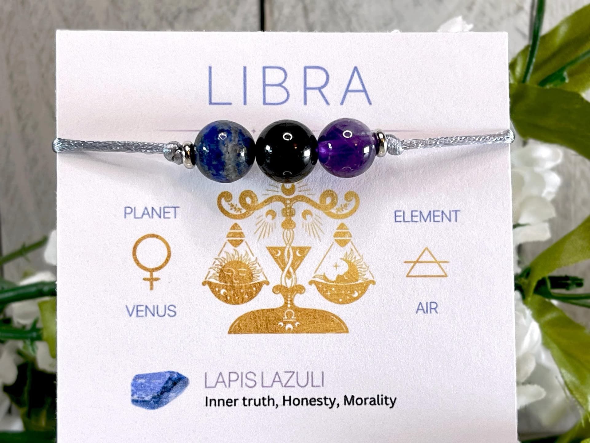 Libra Zodiac Adjustable bracelet - Lapis Lazuli, Black Tourmaline, Amethyst bracelet with affirmation - Zodiac Sliding knot bracelet - Image 1