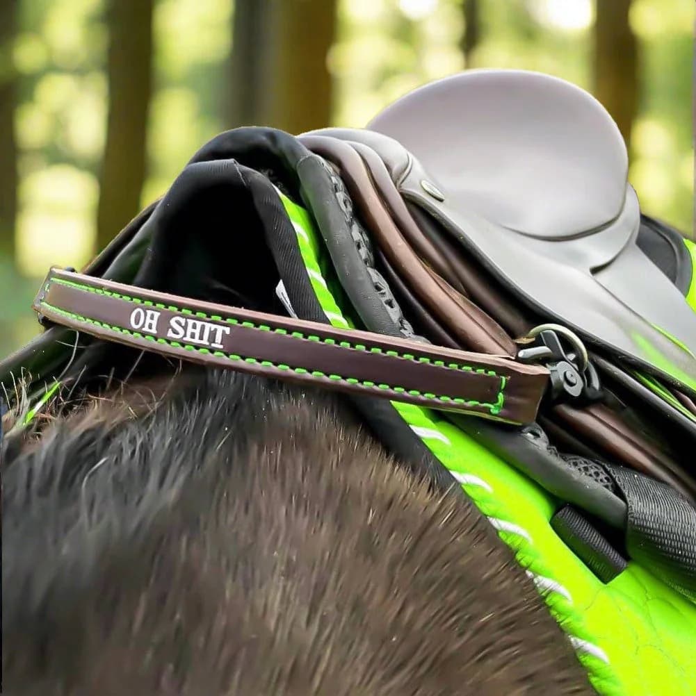 Personalized English Saddle Oh Shit Strap - Handmade Leather Horse Tack for Balance, Training, Lesson, Beginner, Children, Horse Rider Gift - Image 1