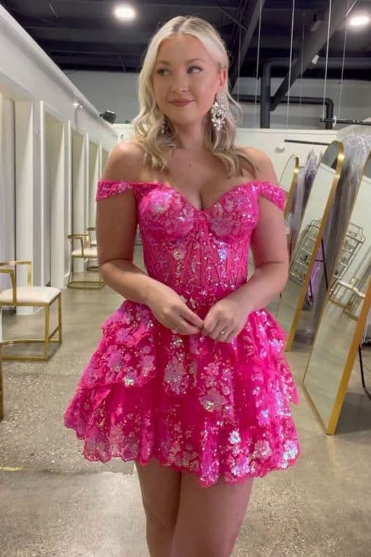 Fuchsia Floral Lace A-Line Short Homecoming Dress thumbnail 5