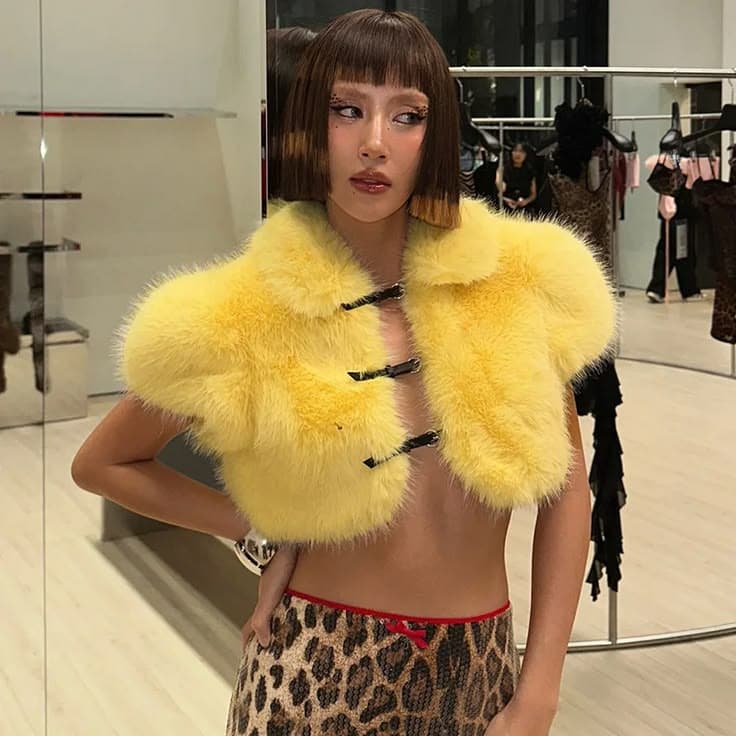 Fashion Cute Women Fur Cardigan Lapel Jackets Tops Short Sleeves Buckle Crop Jacket Outerwear Party thumbnail 6