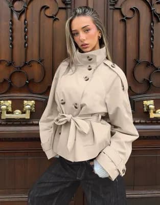 Bershka Funnel neck trench jacket in beige - Image 1