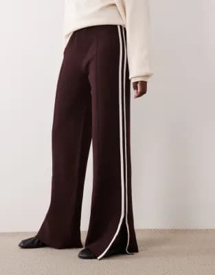 Mango side stripe knitted trouser in brown - Image 1