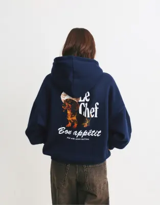 Pull&Bear Chef dog hoodie in navy - Image 1