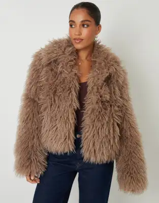 Threadbare Collared faux fur coat in taupe - Image 1