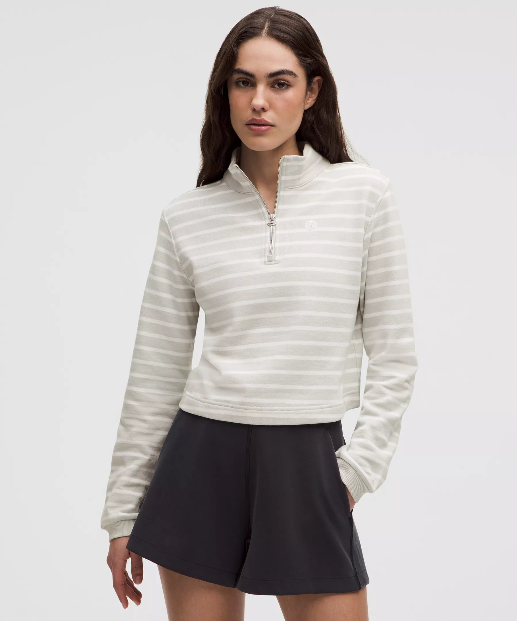 Cotton French Terry Cropped Half Zip - Yachtie Stripe Vapor White - XS - Image 1