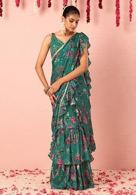  Buy Women Green Floral Print Ruffled Pre-Stitched Saree Set With Hand Embroidered Blouse - Image 1