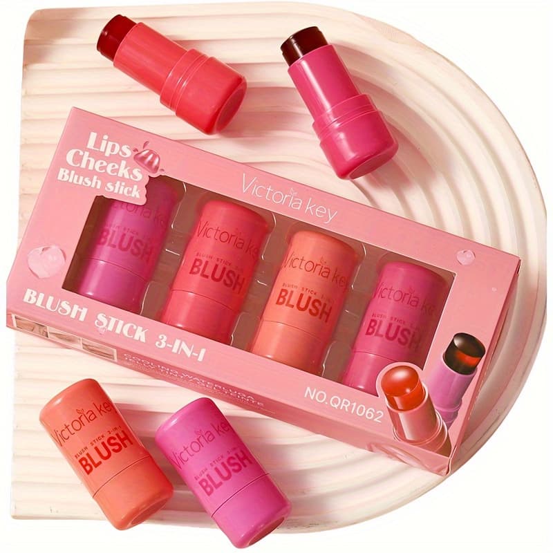 Jelly Blush, 4pcs Blush Stick Set, Natural Highlight Nude Makeup Concealer and Lipstick for Both Cheeks, Beginner-Friendly Essential
